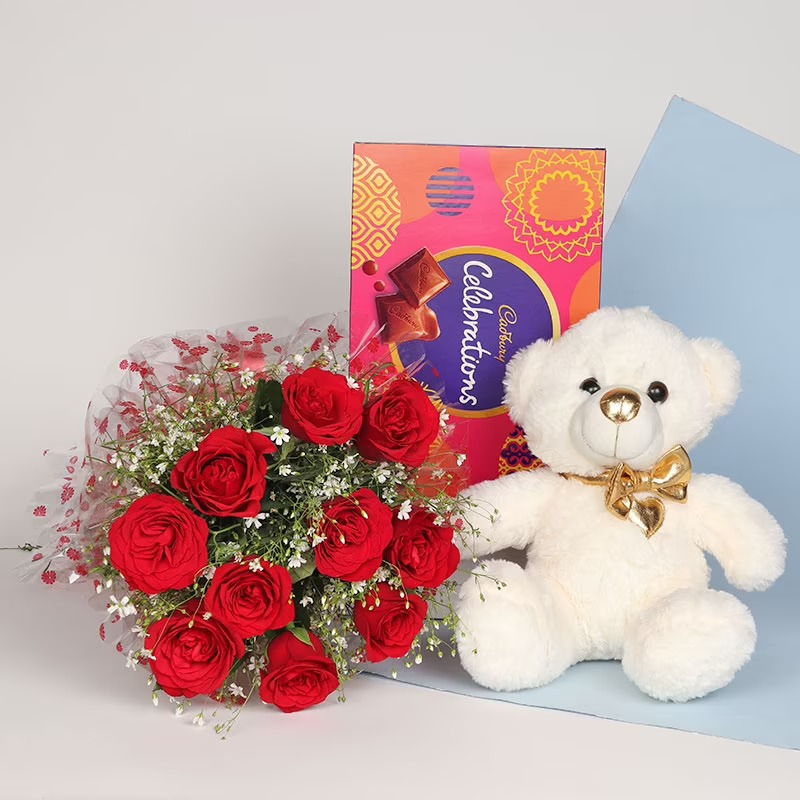 Red Roses Teddy With Celebration